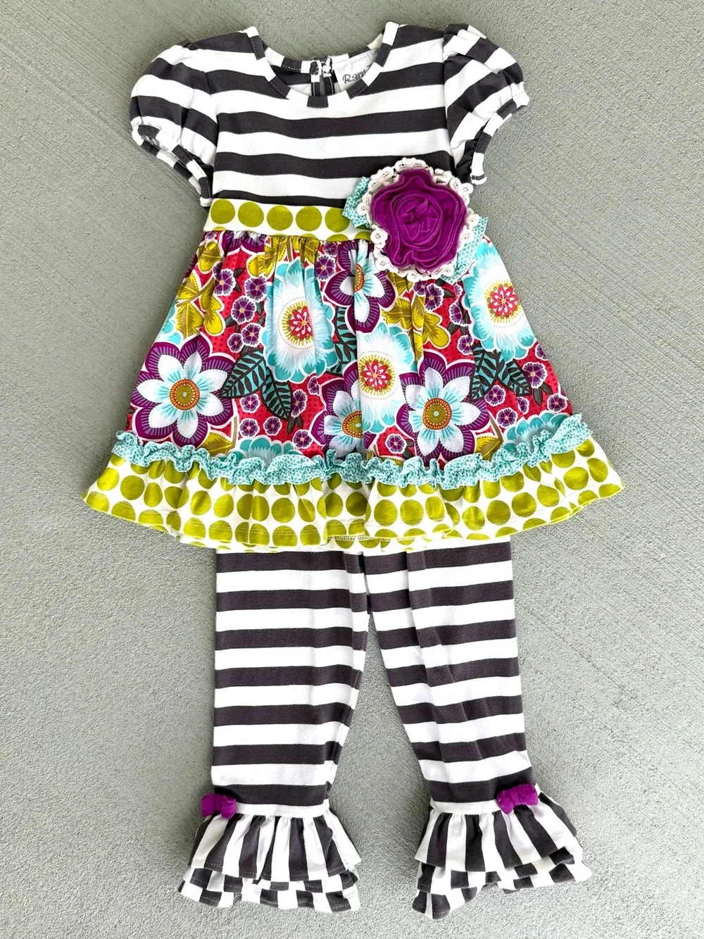 Rare, Too! 3T Girls Striped Floral Tunic & Legging Set - Gray, White, Plum, Lime